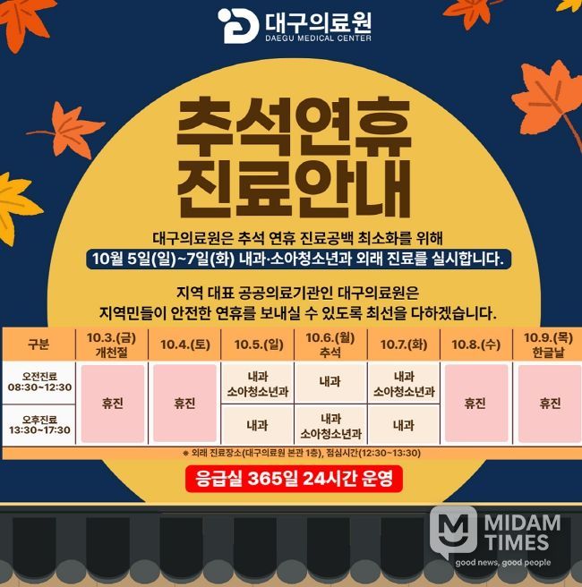 추석 연휴 10월 5일부터 7일까지 3일간 내과·소아청소년과 외래진료 운영