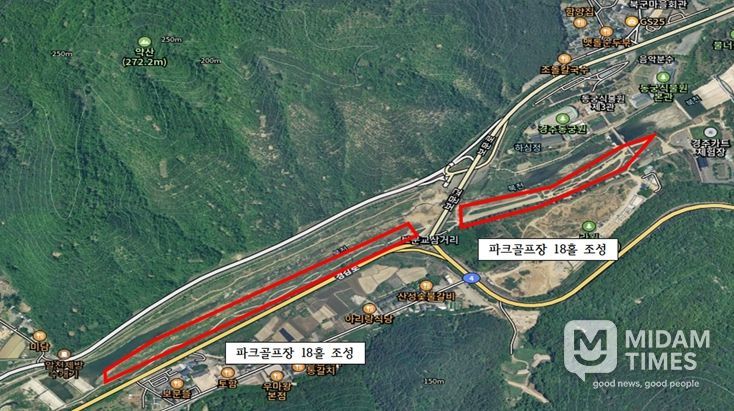 경주시 보문동 동궁원 인근 북군동 일원에 조성될 예정인 파크골프장 위치도. 경주시는 이 일대 하천부지에 36홀 규모의 파크골프장을 단계적으로 조성할 계획이다.