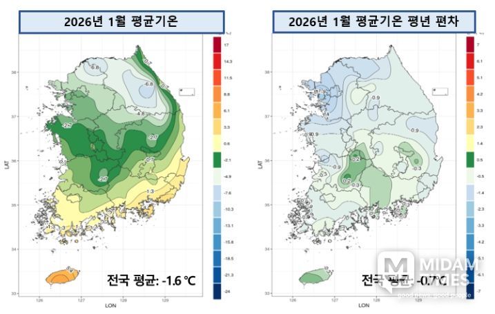 2026년 1월 전국 평균기온 및 평년 대비 편차 분포도
