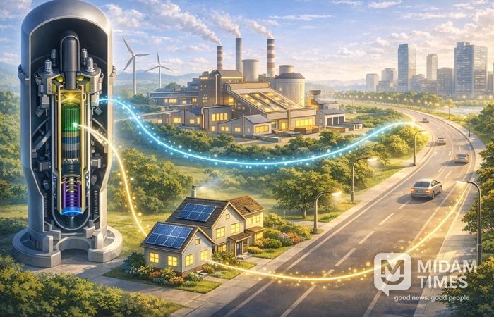 혁신형 소형모듈원전(i-SMR) 전력이 지역 산업시설과 생활 인프라로 확산되는 모습을 표현한 이미지