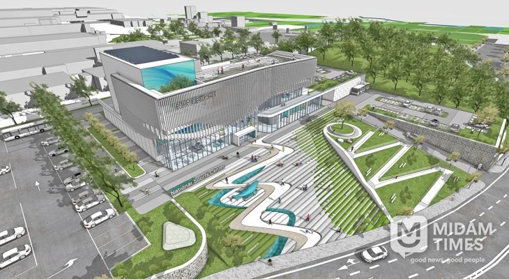 남경주국민체육센터 설계공모 당선작 조감도. 대지 경사면을 활용한 입체적 배치와 개방형 계단광장이 특징이다.