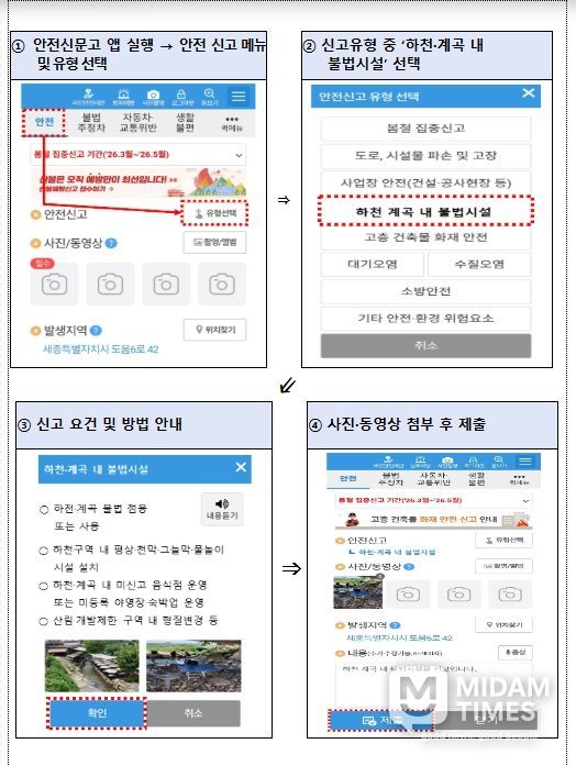 안전신문고 앱 ‘하천․계곡 내 불법시설’ 신고방법