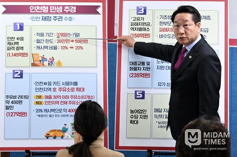 유정복 인천광역시장이 14일 시청 브리핑룸에서 '인천형 민생체감 추경예산' 관련 기자회견을 하고 있다.